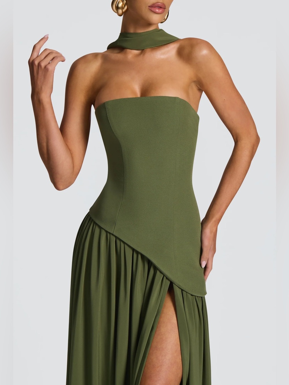 Olive Green Strapless High-Slit Gown - Picture 2 of 5